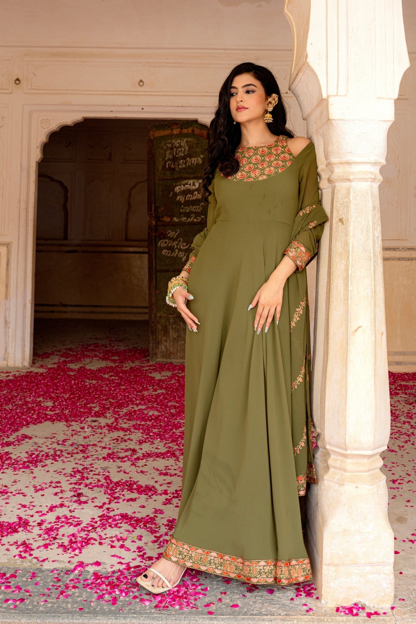 Olive Royale Embroidered Georgette Anarkali Set