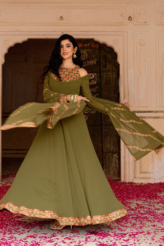 Olive Royale Embroidered Georgette Anarkali Set