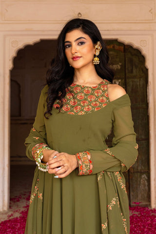 Olive Royale Embroidered Georgette Anarkali Set