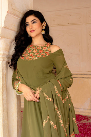 Olive Royale Embroidered Georgette Anarkali Set
