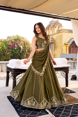 Regal Olive Green Embroidered Bridesmaid Lehenga Choli