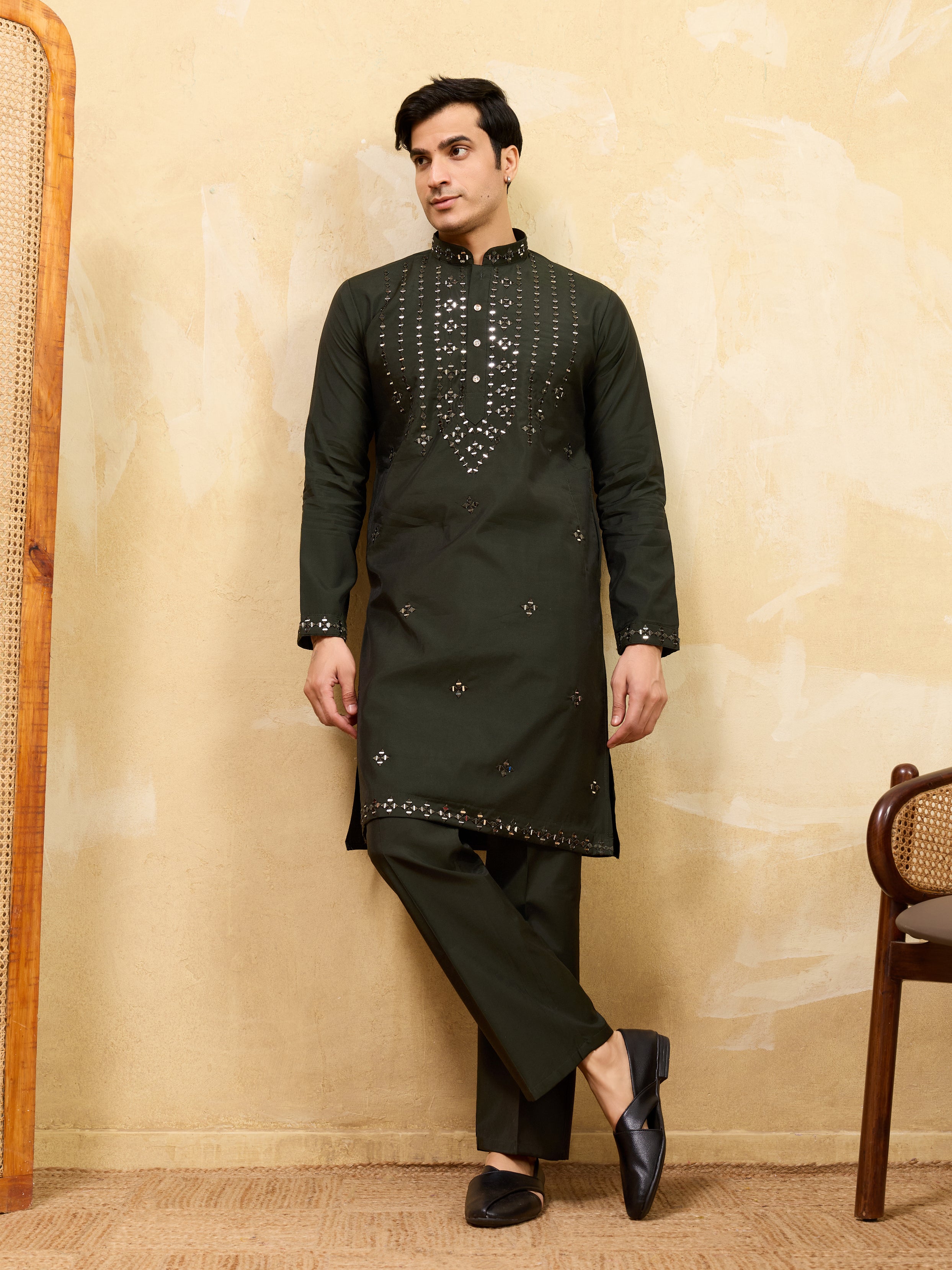 Olive Green Mirror Embroidered Kurta with Pant for Special Occasions
