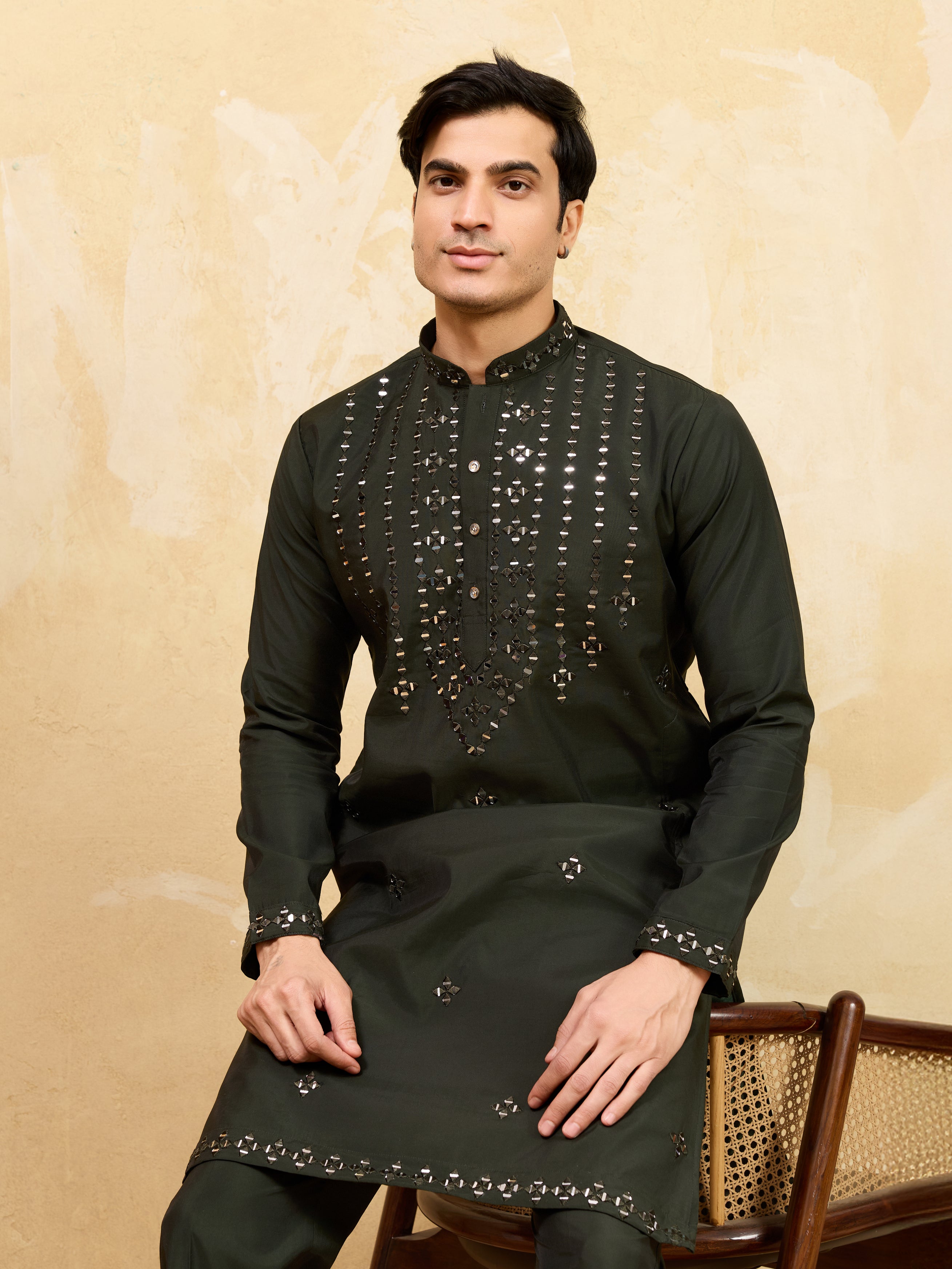Olive Green Mirror Embroidered Kurta with Pant for Special Occasions