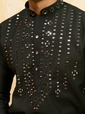 Olive Green Mirror Embroidered Kurta with Pant for Special Occasions