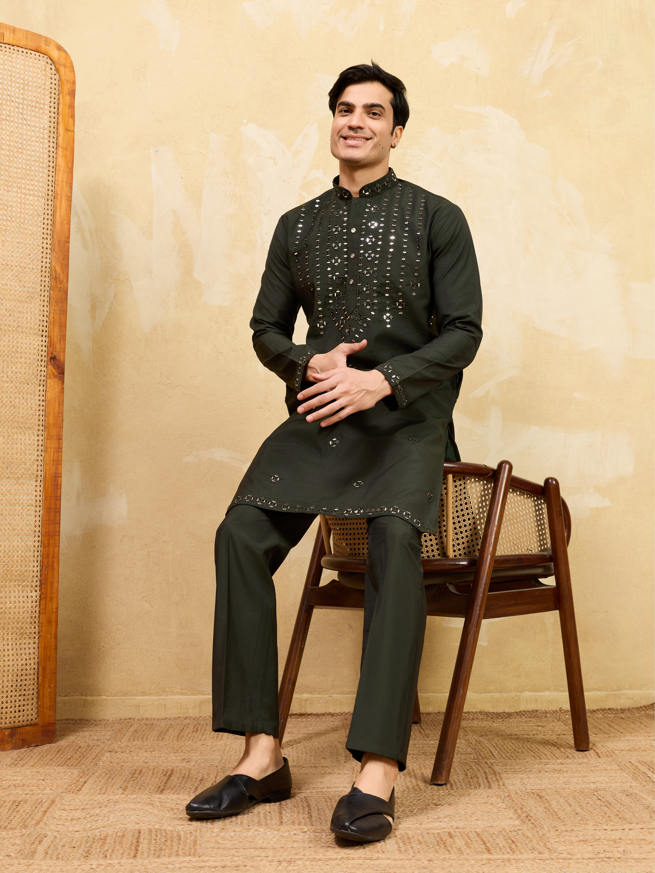 Olive Green Mirror Embroidered Kurta with Pant for Special Occasions
