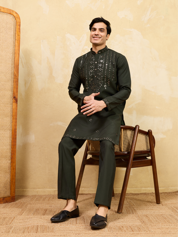 Olive Green Mirror Embroidered Kurta with Pant for Special Occasions