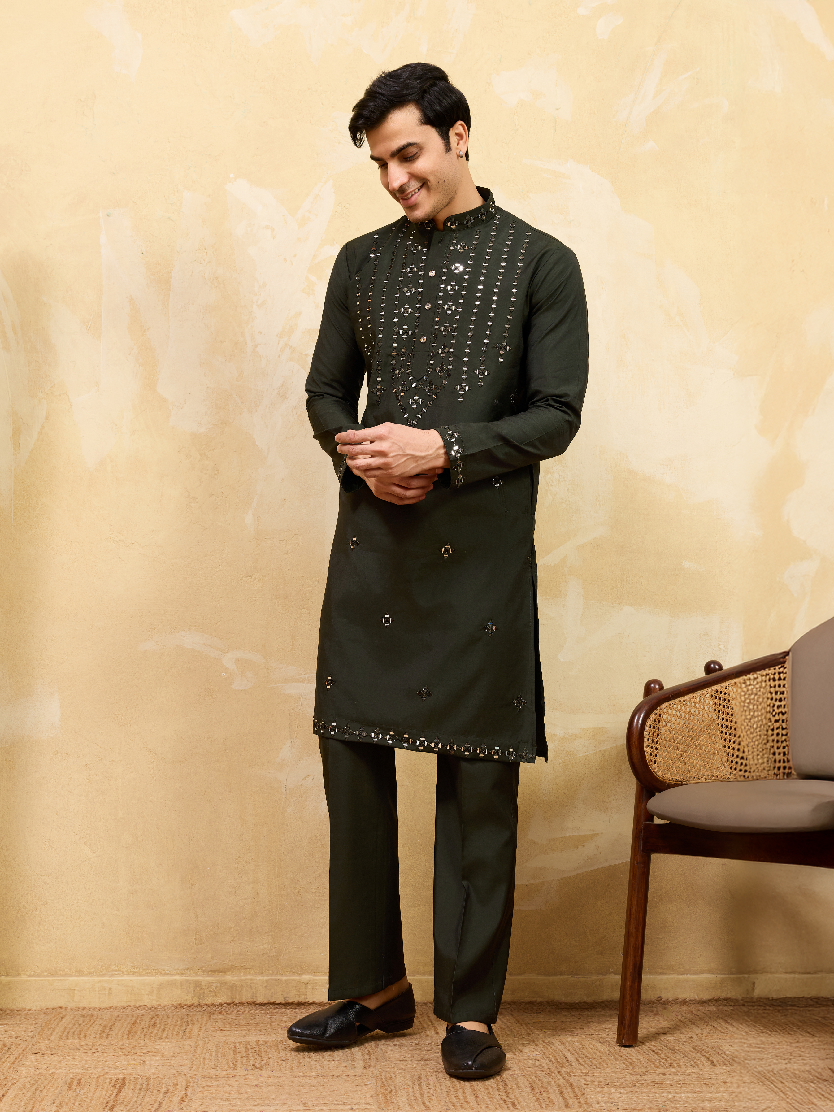 Olive Green Mirror Embroidered Kurta with Pant for Special Occasions
