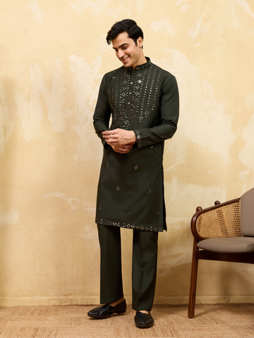 Olive Green Mirror Embroidered Kurta with Pant for Special Occasions
