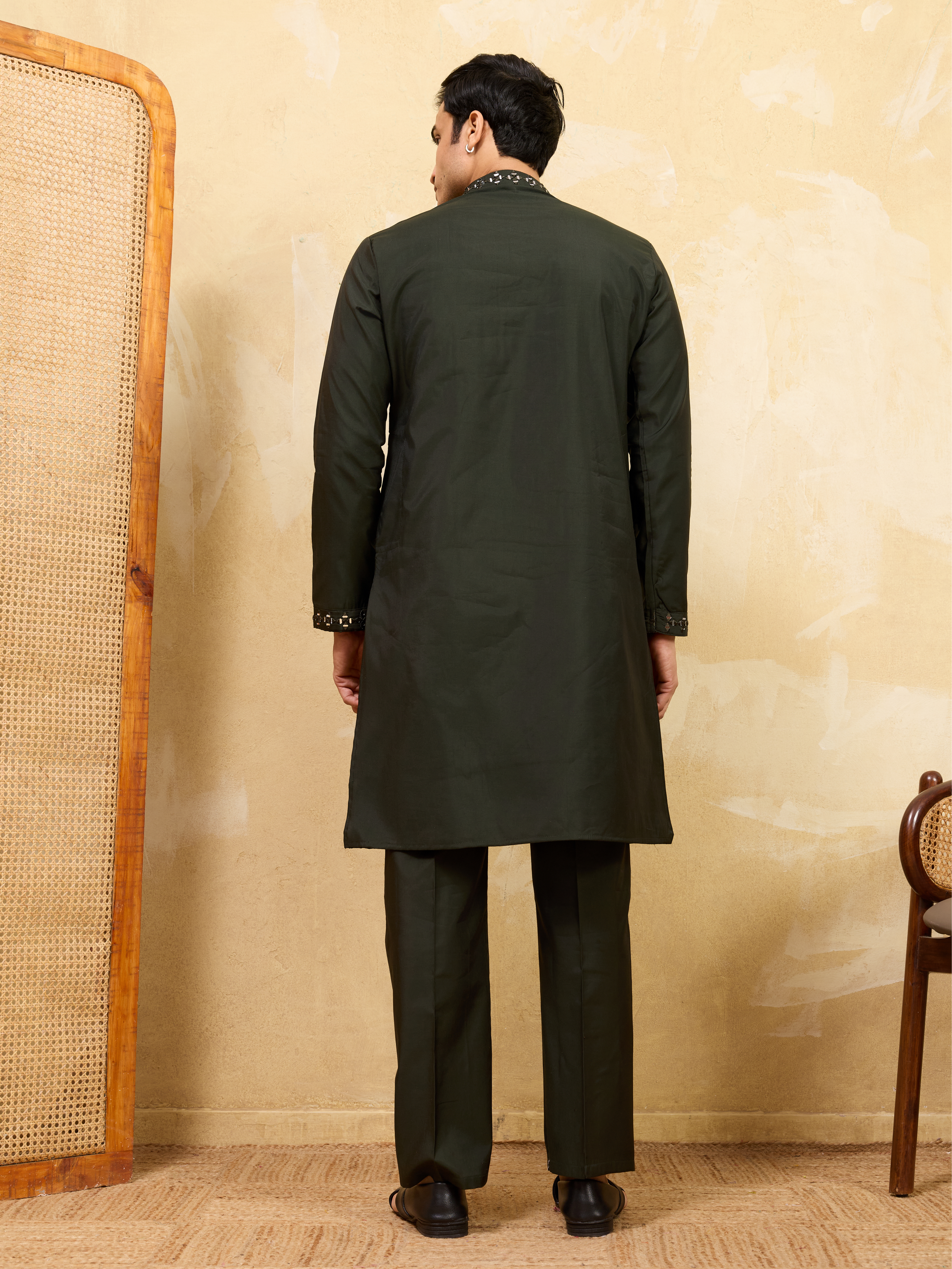 Olive Green Mirror Embroidered Kurta with Pant for Special Occasions

