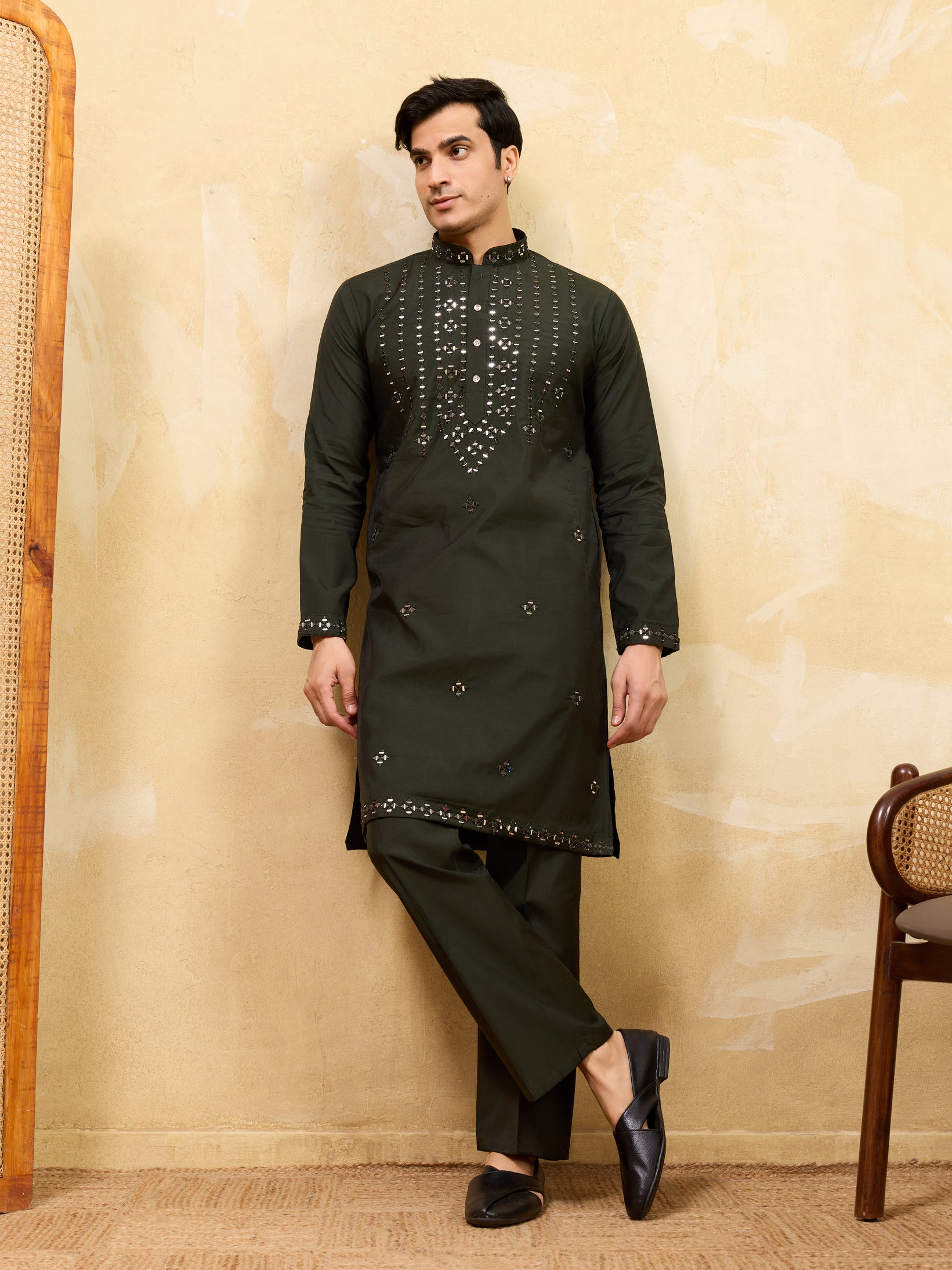 Olive Green Mirror Embroidered Kurta with Pant for Special Occasions
