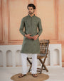 Olive Green Cotton Featuring Val-Moti Butta Work Kurta Set