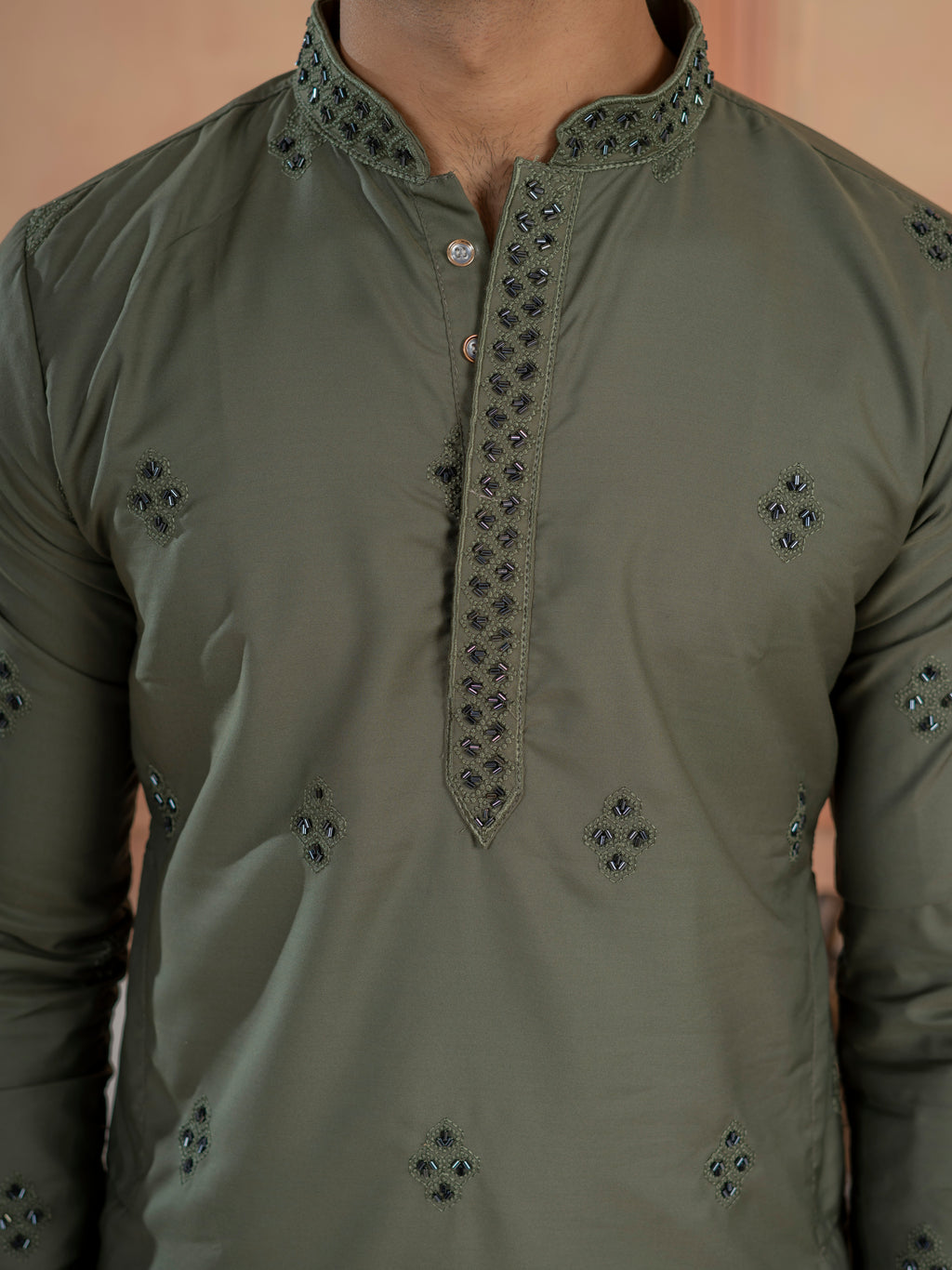 Olive Green Cotton Featuring Val-Moti Butta Work Kurta Set
