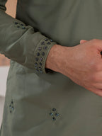 Olive Green Cotton Featuring Val-Moti Butta Work Kurta Set
