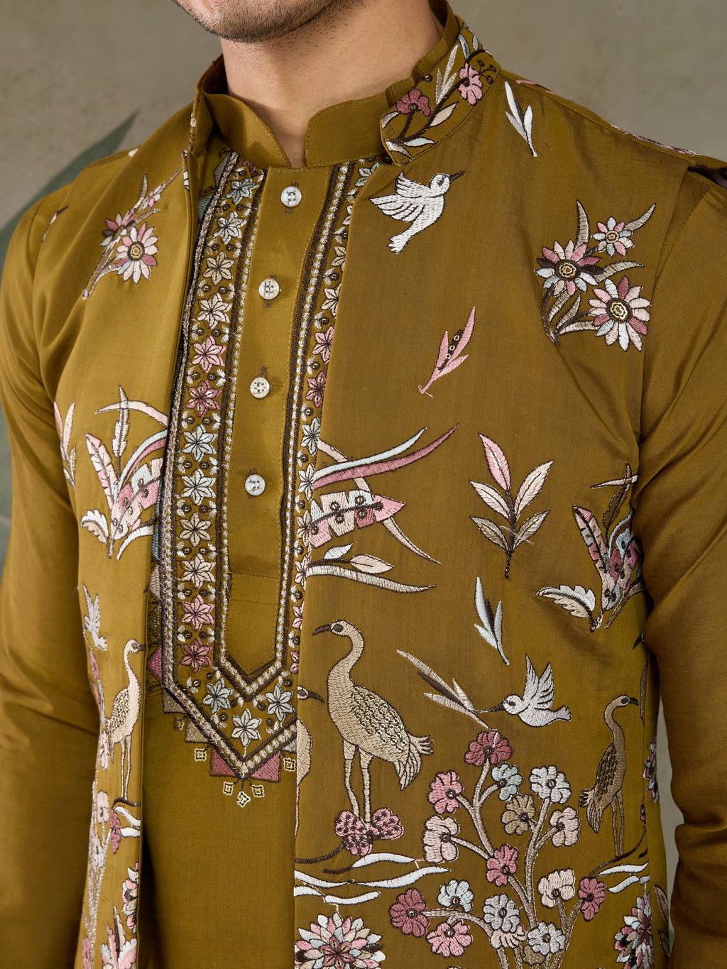 Golden Olive Open Koti Style Kurta Pajama Set for Men
