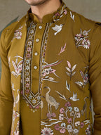 Golden Olive Open Koti Style Kurta Pajama Set for Men
