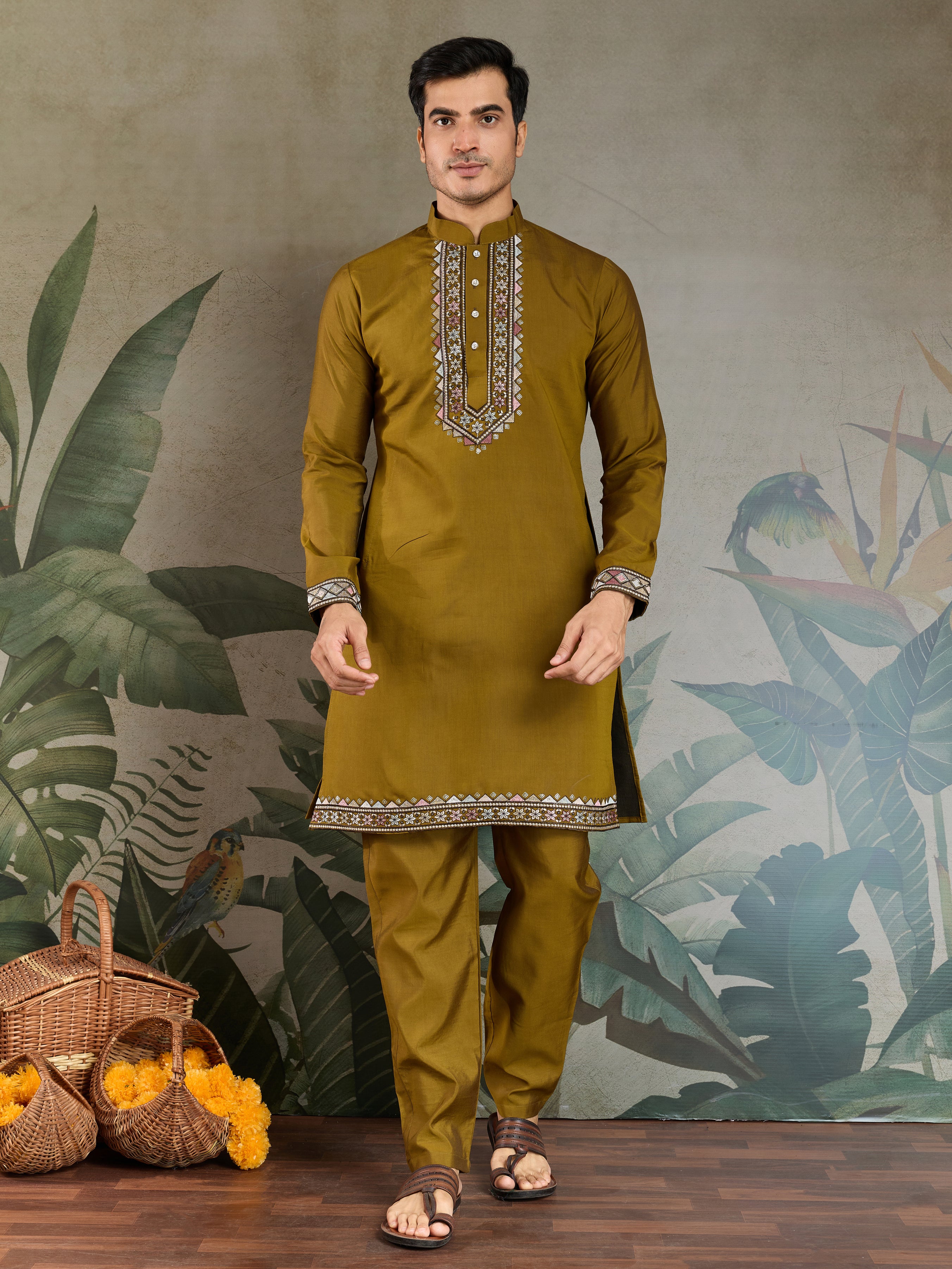 Golden Olive Open Koti Style Kurta Pajama Set for Men