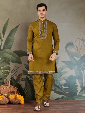 Golden Olive Open Koti Style Kurta Pajama Set for Men