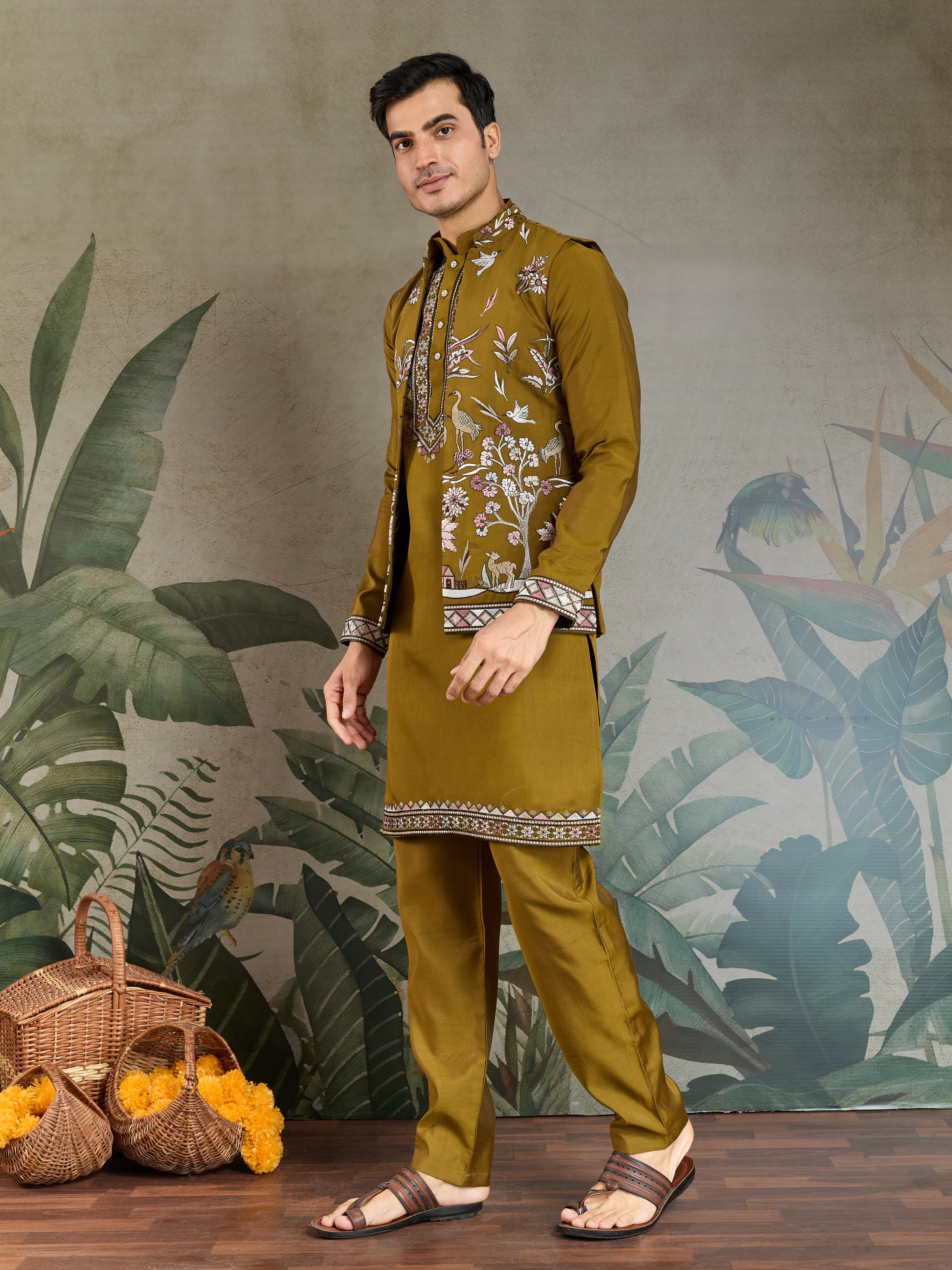Golden Olive Open Koti Style Kurta Pajama Set for Men