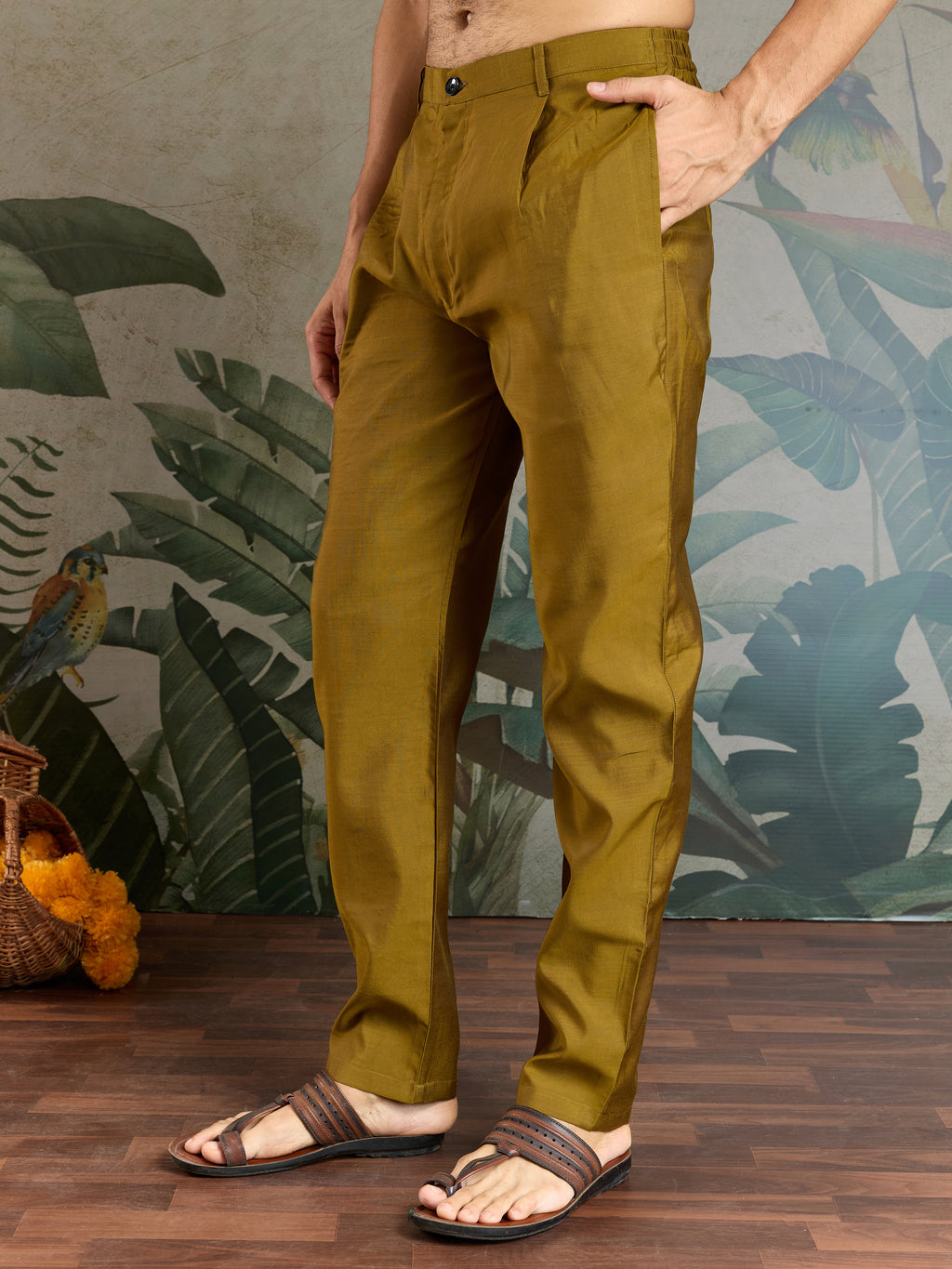 Golden Olive Open Koti Style Kurta Pajama Set for Men
