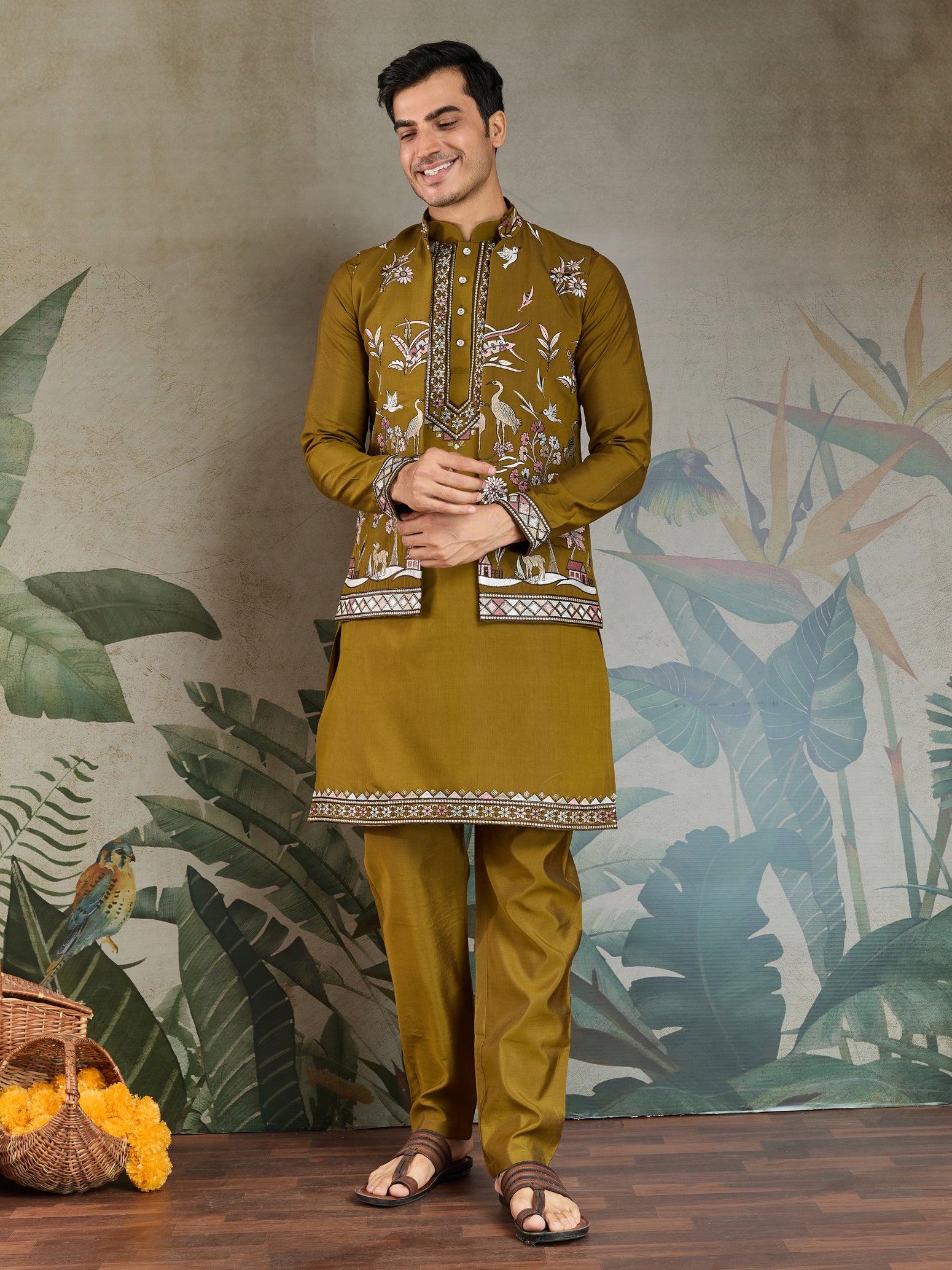 Golden Olive Open Koti Style Kurta Pajama Set for Men

