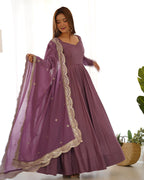 
Beautiful Pure Chanderi Silk Three Piece Onion Anarkali Suit Set