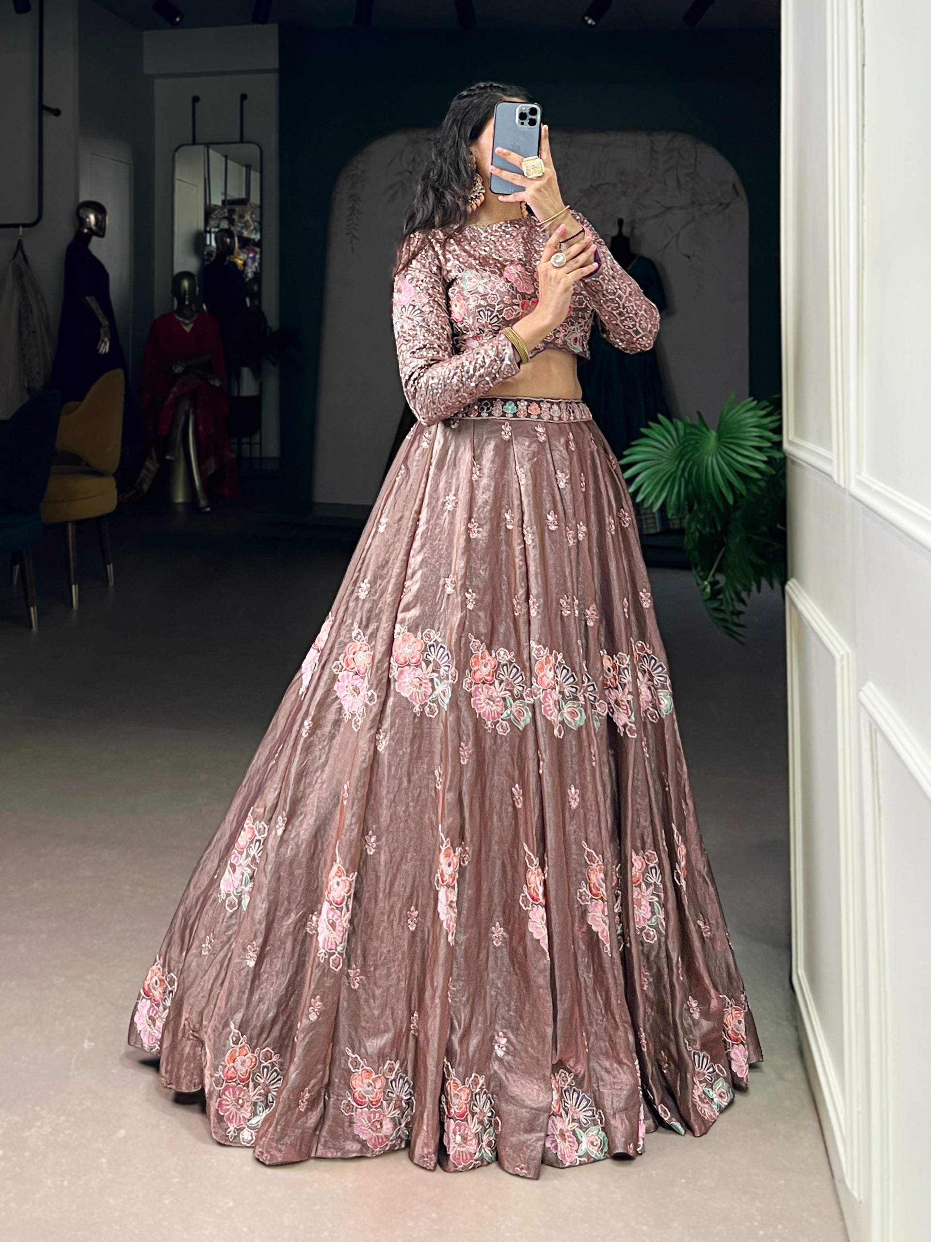 Elegant Onion Fendi Thread Embroidered Lehenga Outfit
