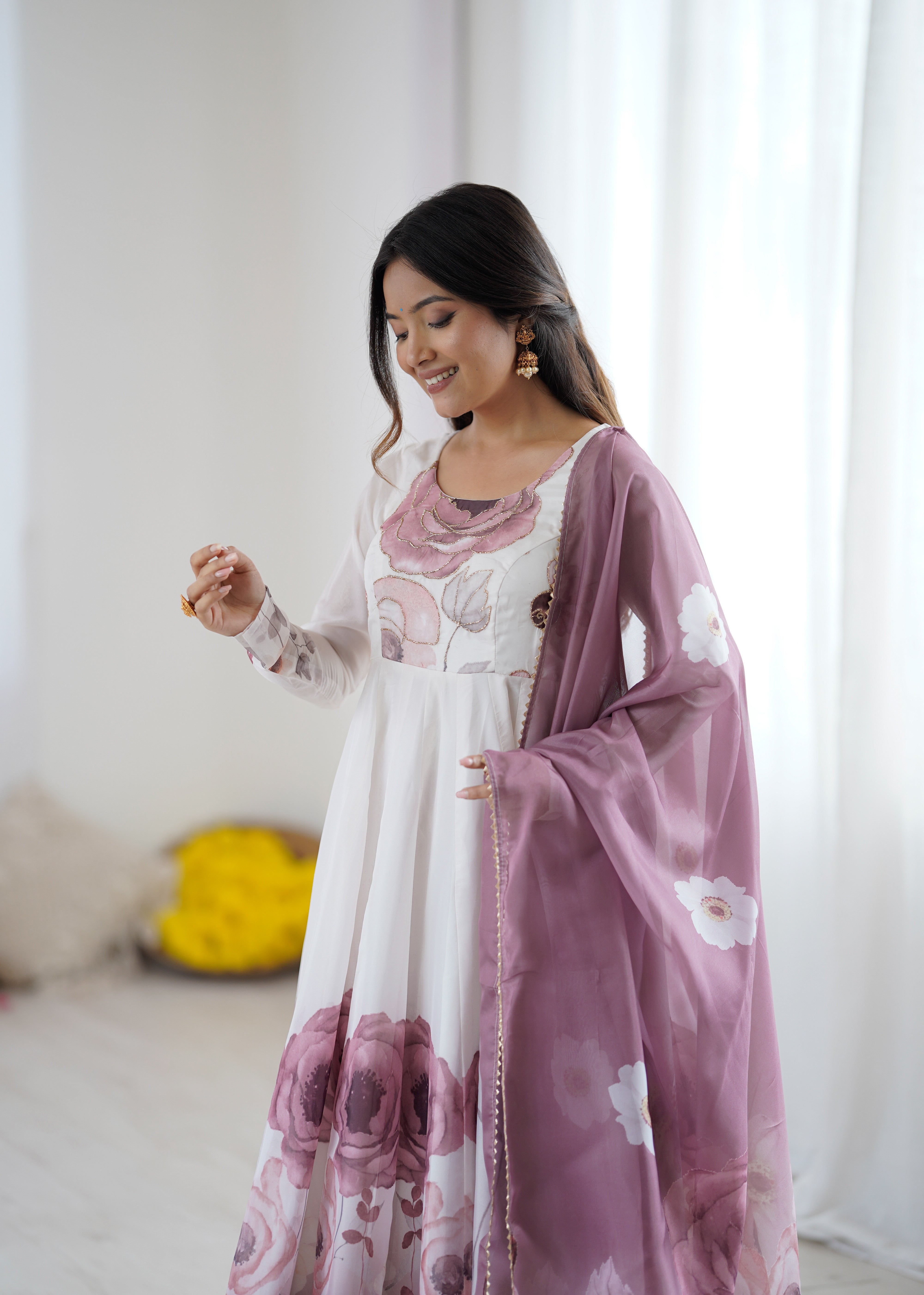 Floral Pure Soft Tabby Organza Silk Three Piece Anarkali Suit - Onion Pink