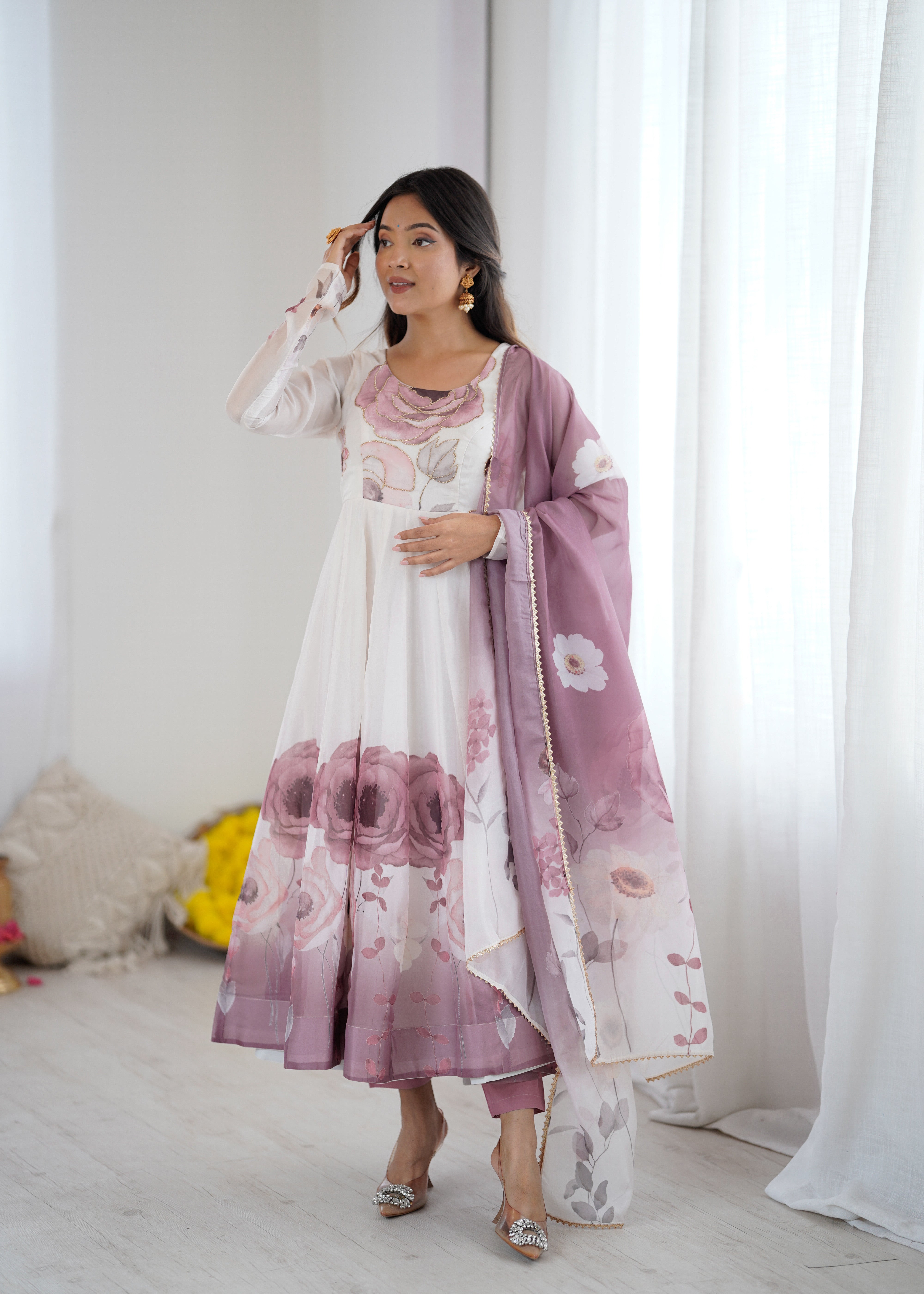 Floral Pure Soft Tabby Organza Silk Three Piece Anarkali Suit - Onion Pink