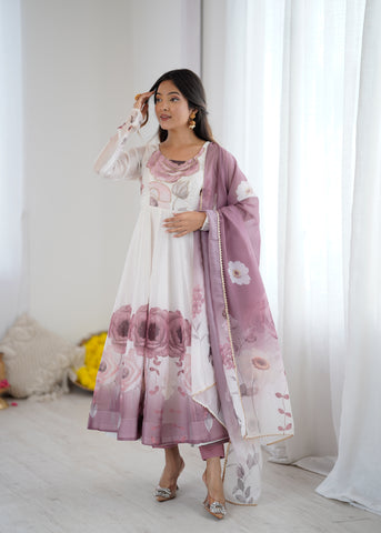 Floral Pure Soft Tabby Organza Silk Three Piece Anarkali Suit - Onion Pink