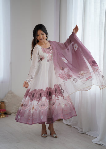 Floral Pure Soft Tabby Organza Silk Three Piece Anarkali Suit - Onion Pink