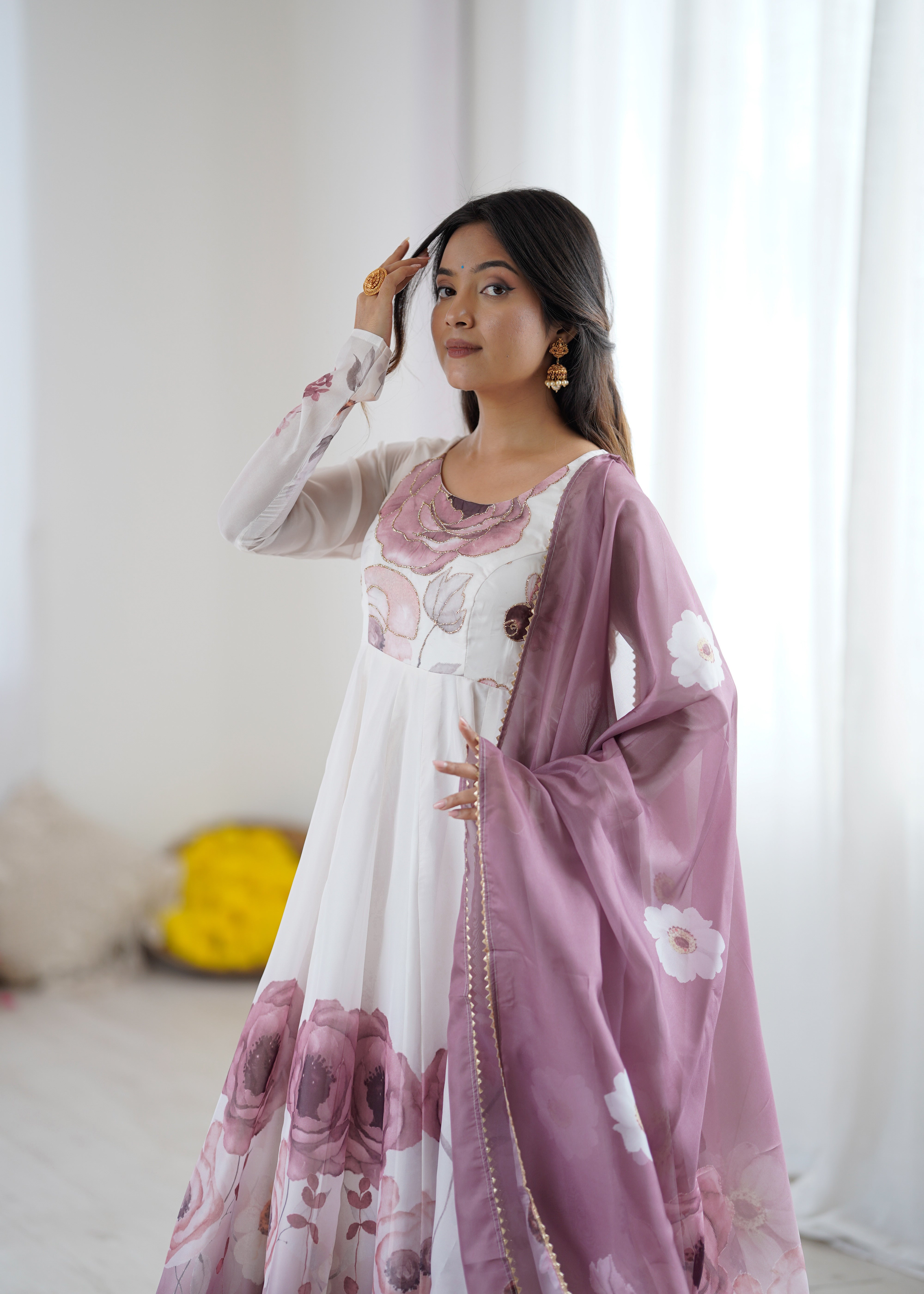 Floral Pure Soft Tabby Organza Silk Three Piece Anarkali Suit - Onion Pink