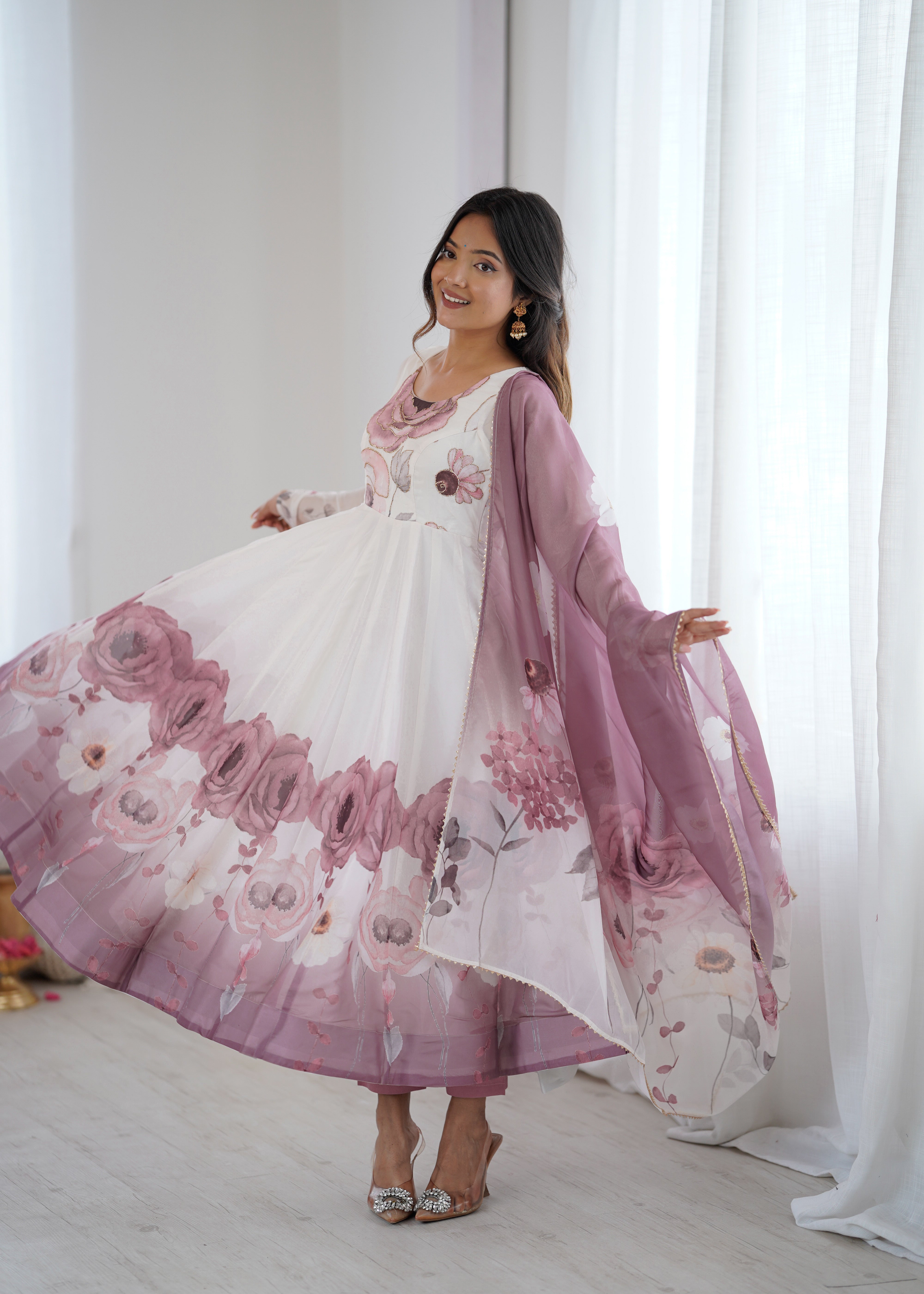 Floral Pure Soft Tabby Organza Silk Three Piece Anarkali Suit - Onion Pink