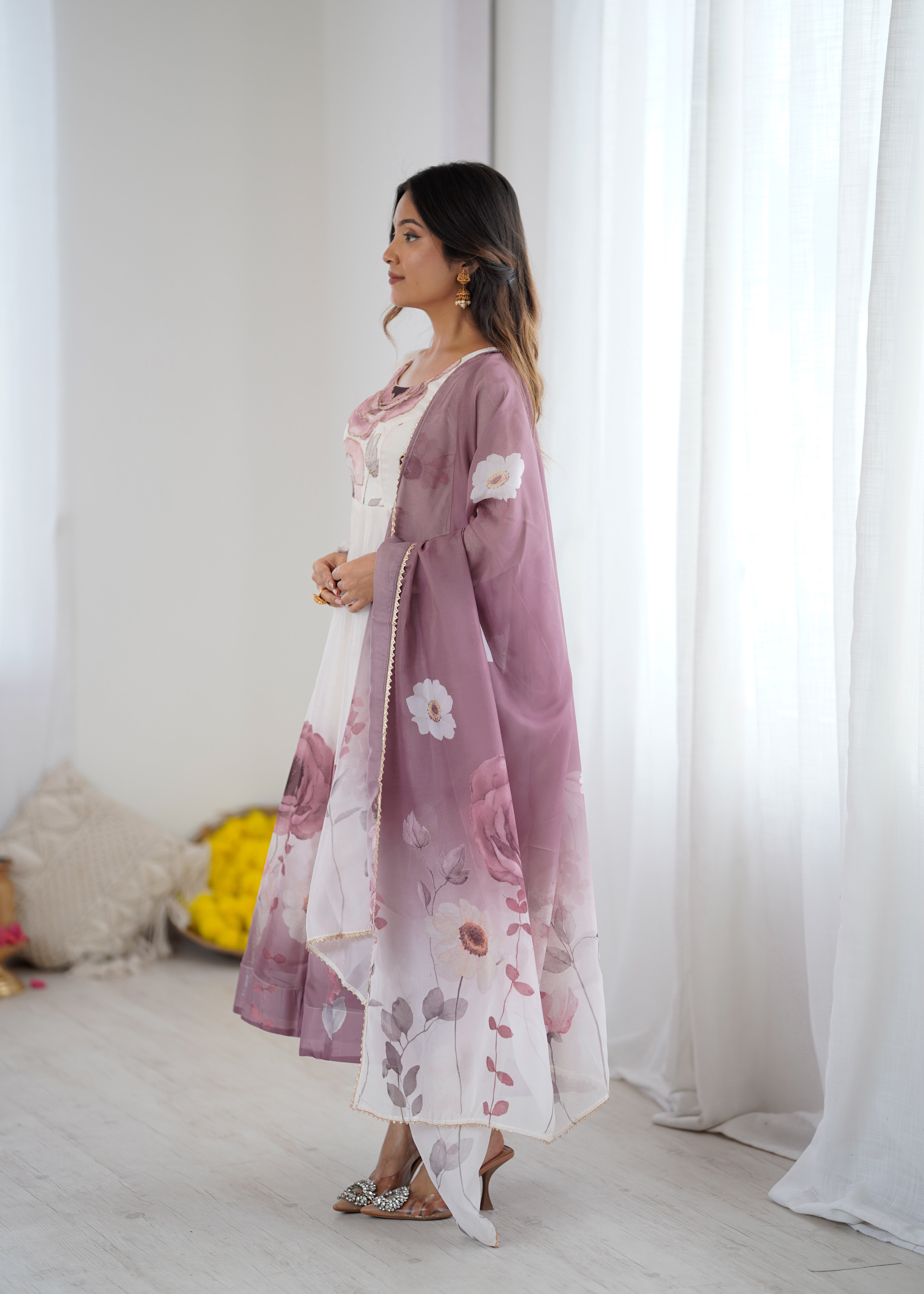 Floral Pure Soft Tabby Organza Silk Three Piece Anarkali Suit - Onion Pink