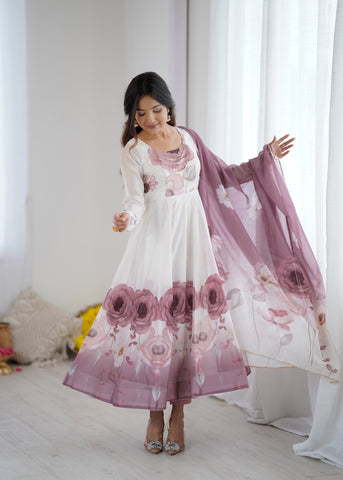 Floral Pure Soft Tabby Organza Silk Three Piece Anarkali Suit - Onion Pink