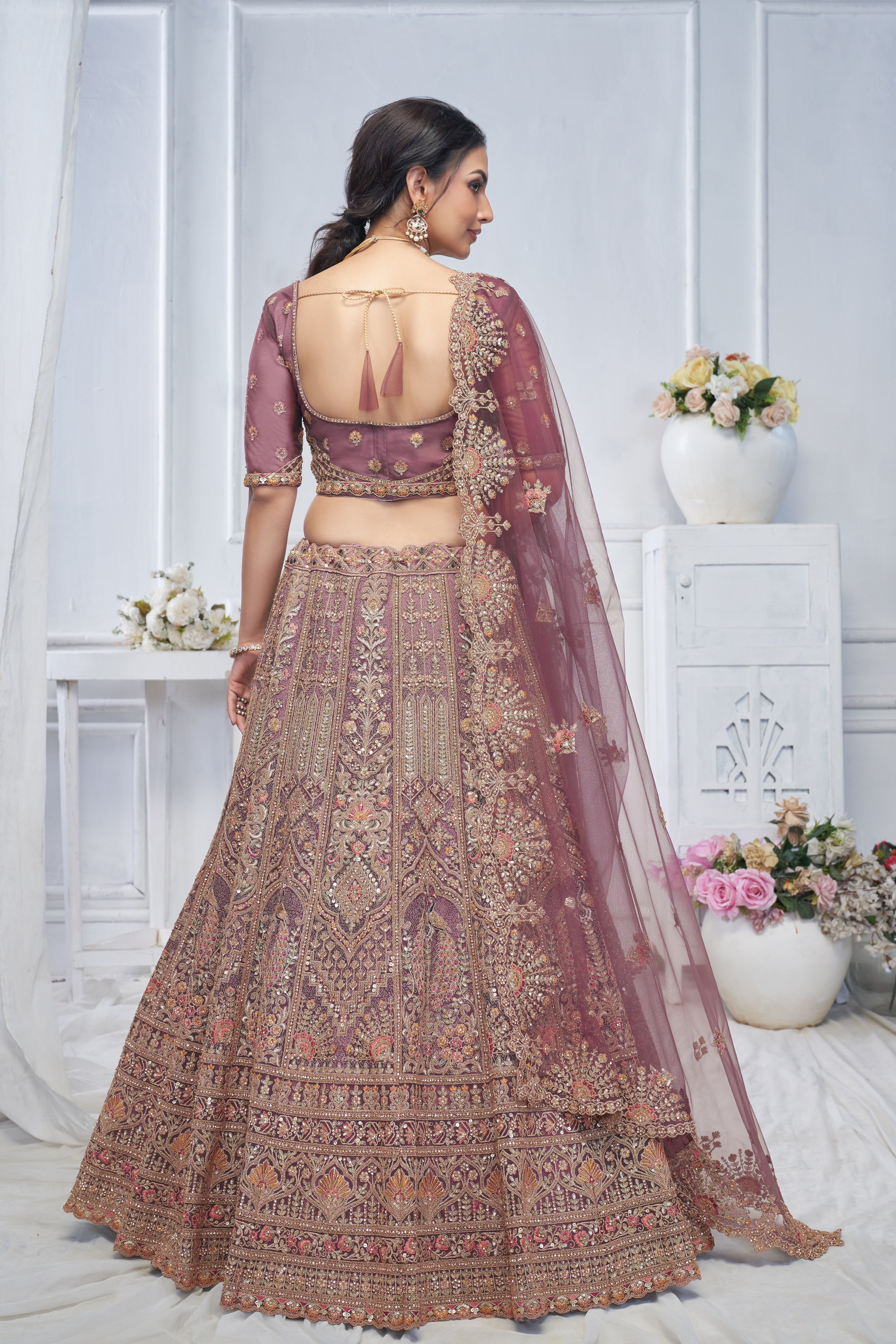 Royal Onion Soft Net Lehenga with Peacock & Paisley Embroidery
