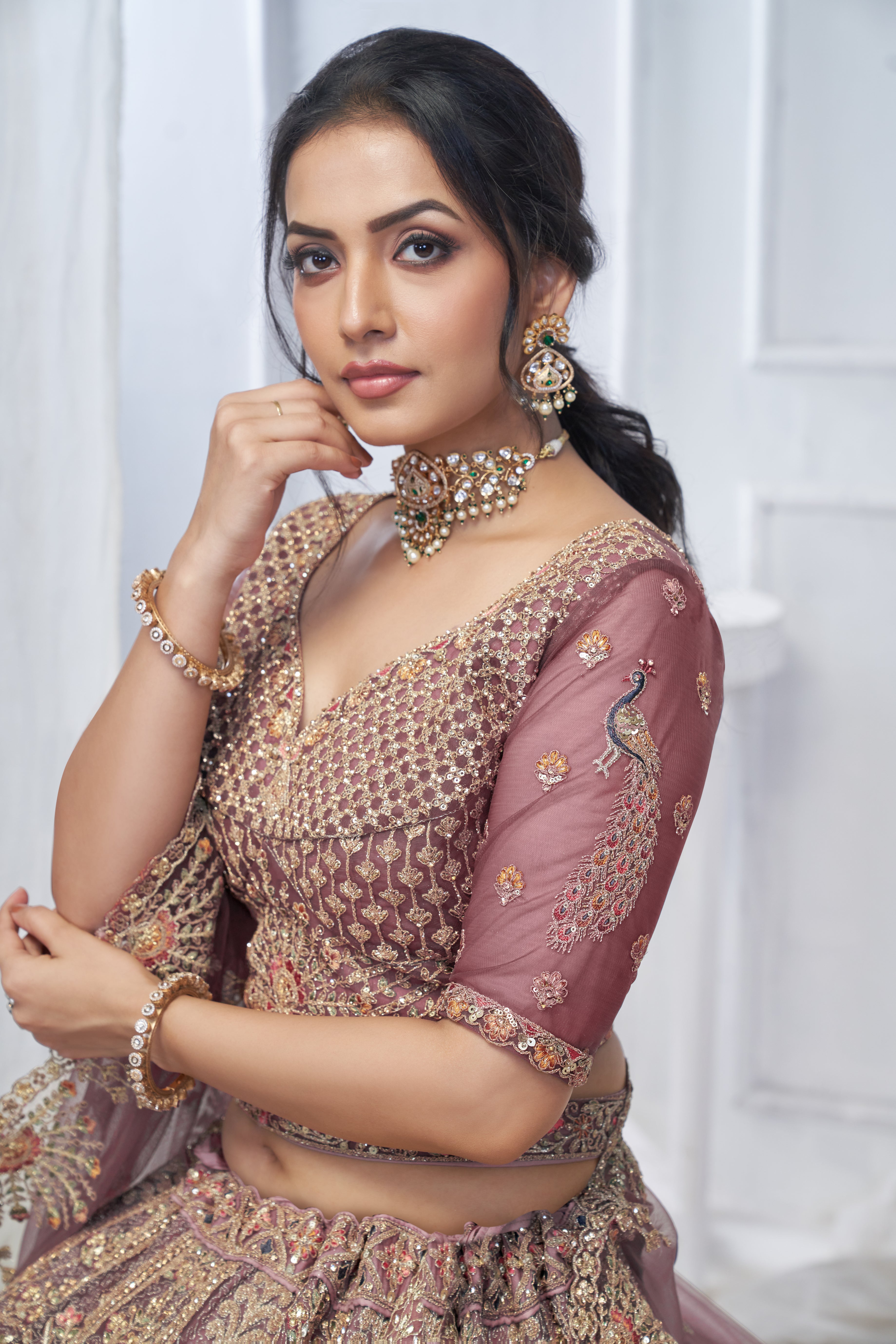 Royal Onion Soft Net Lehenga with Peacock & Paisley Embroidery