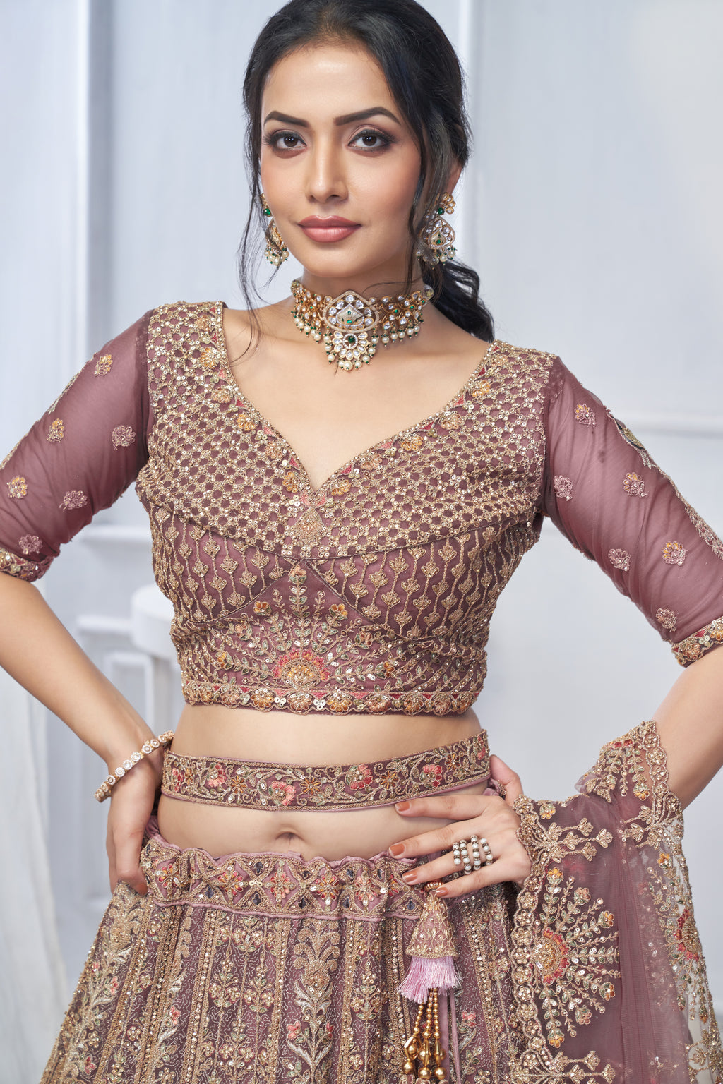 Royal Onion Soft Net Lehenga with Peacock & Paisley Embroidery