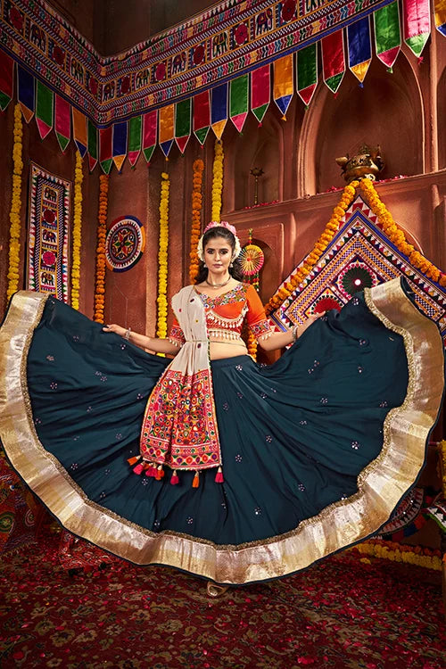 Teal Blue Mirror Chaniya Choli Set for Dandiya Night