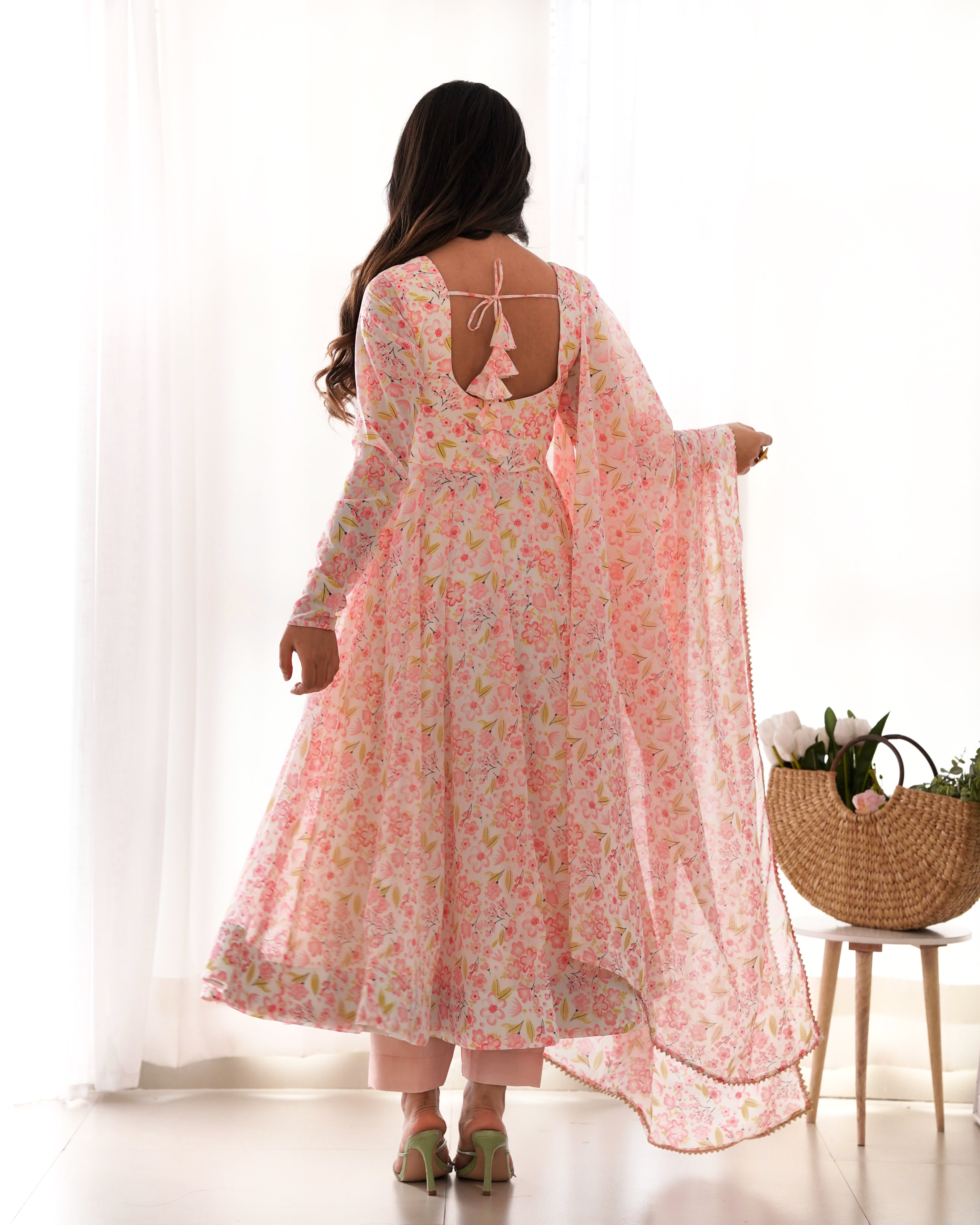 Heavy Chiffon Floral Print Fancy Neck Potli Button Design with Chudidar Sleeves Anarkali Set - Orange

