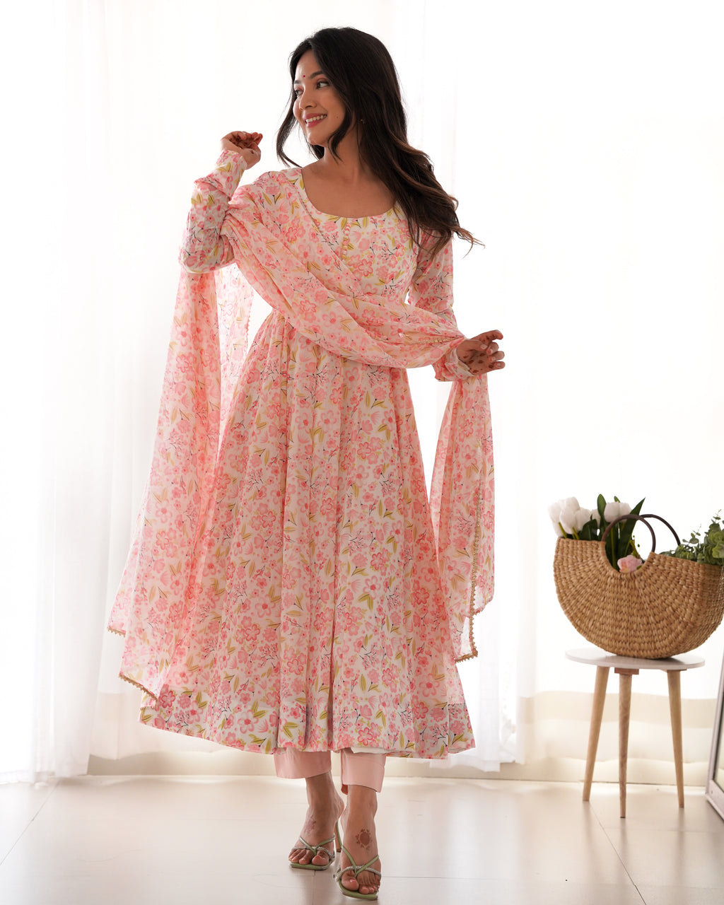 Heavy Chiffon Floral Print Fancy Neck Potli Button Design with Chudidar Sleeves Anarkali Set - Orange
