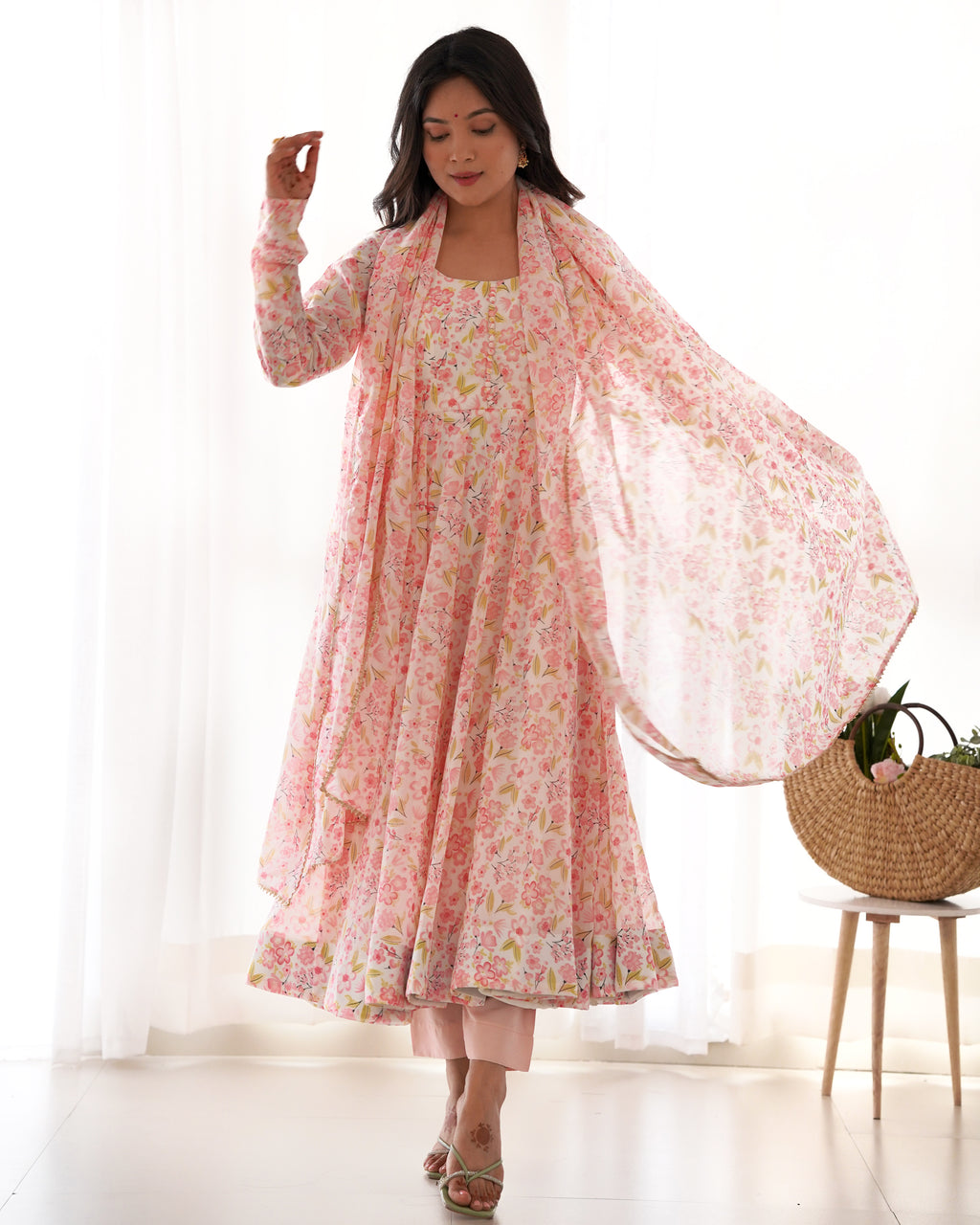 Heavy Chiffon Floral Print Fancy Neck Potli Button Design with Chudidar Sleeves Anarkali Set - Orange
