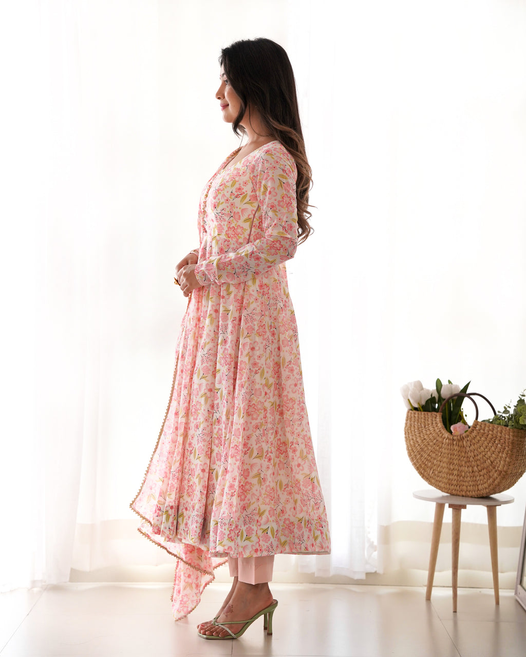 Heavy Chiffon Floral Print Fancy Neck Potli Button Design with Chudidar Sleeves Anarkali Set - Orange
