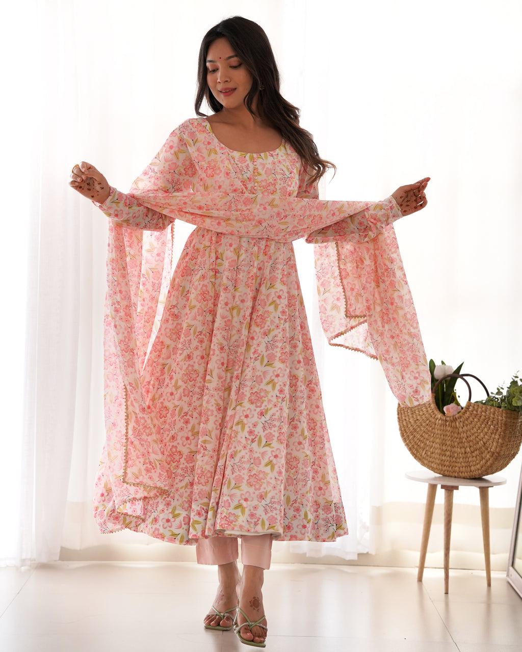 Heavy Chiffon Floral Print Fancy Neck Potli Button Design with Chudidar Sleeves Anarkali Set - Orange
