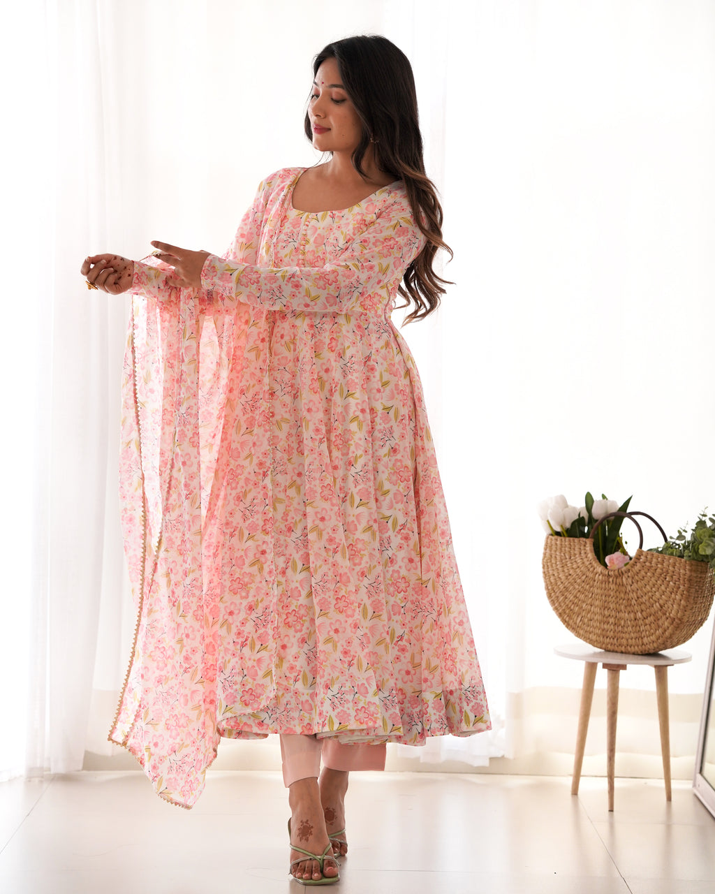 Heavy Chiffon Floral Print Fancy Neck Potli Button Design with Chudidar Sleeves Anarkali Set - Orange
