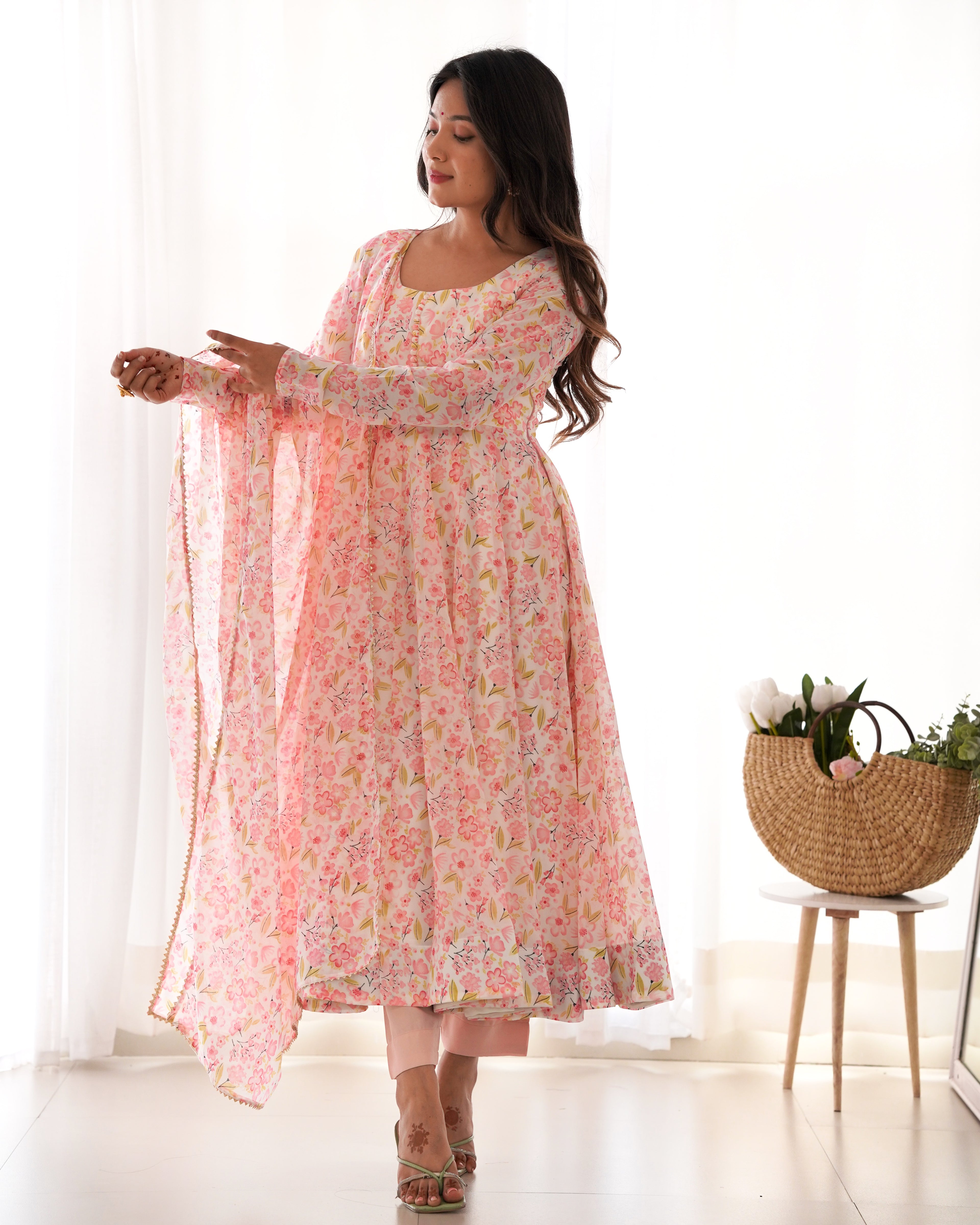 Heavy Chiffon Floral Print Fancy Neck Potli Button Design with Chudidar Sleeves Anarkali Set - Orange
