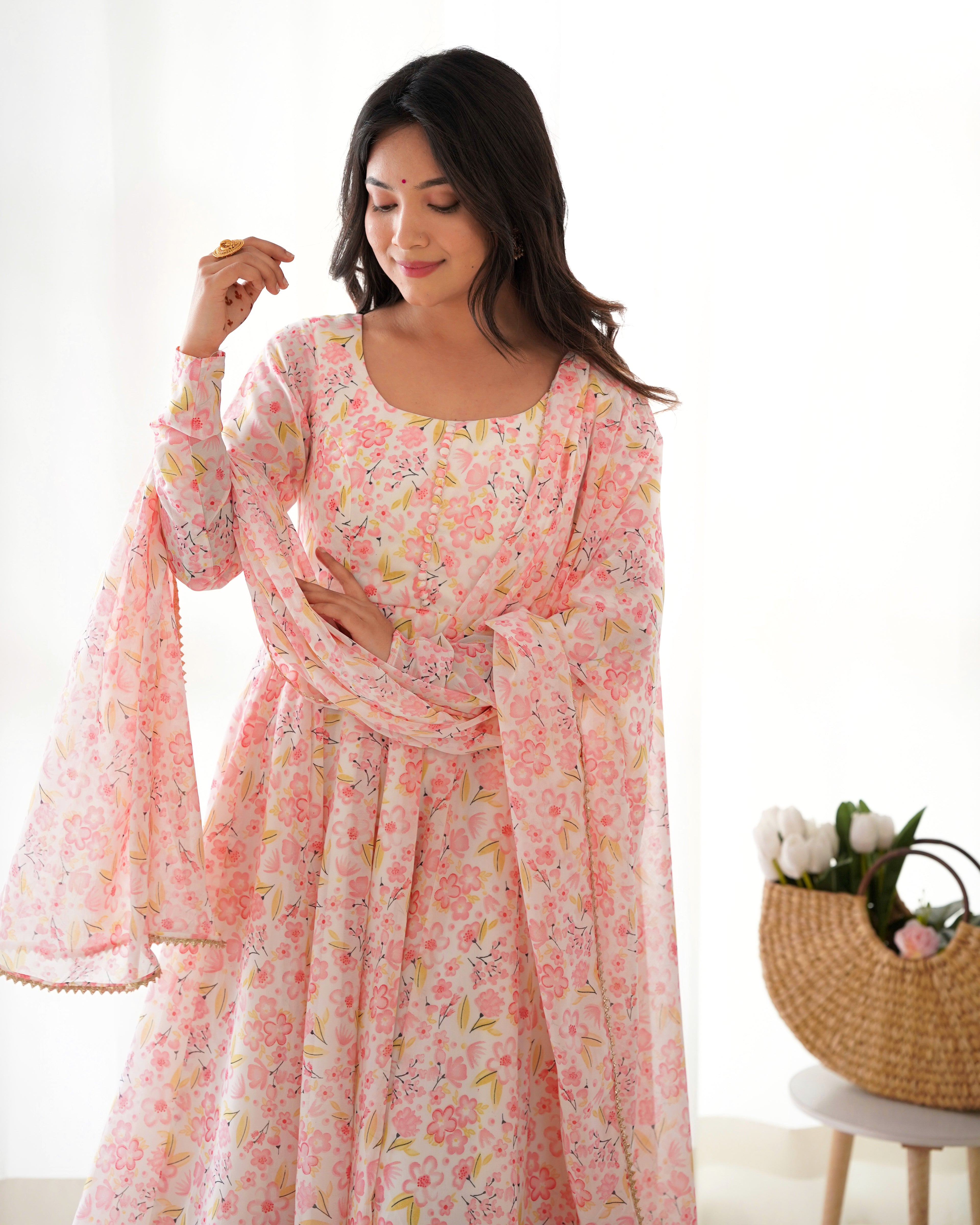Heavy Chiffon Floral Print Fancy Neck Potli Button Design with Chudidar Sleeves Anarkali Set - Orange
