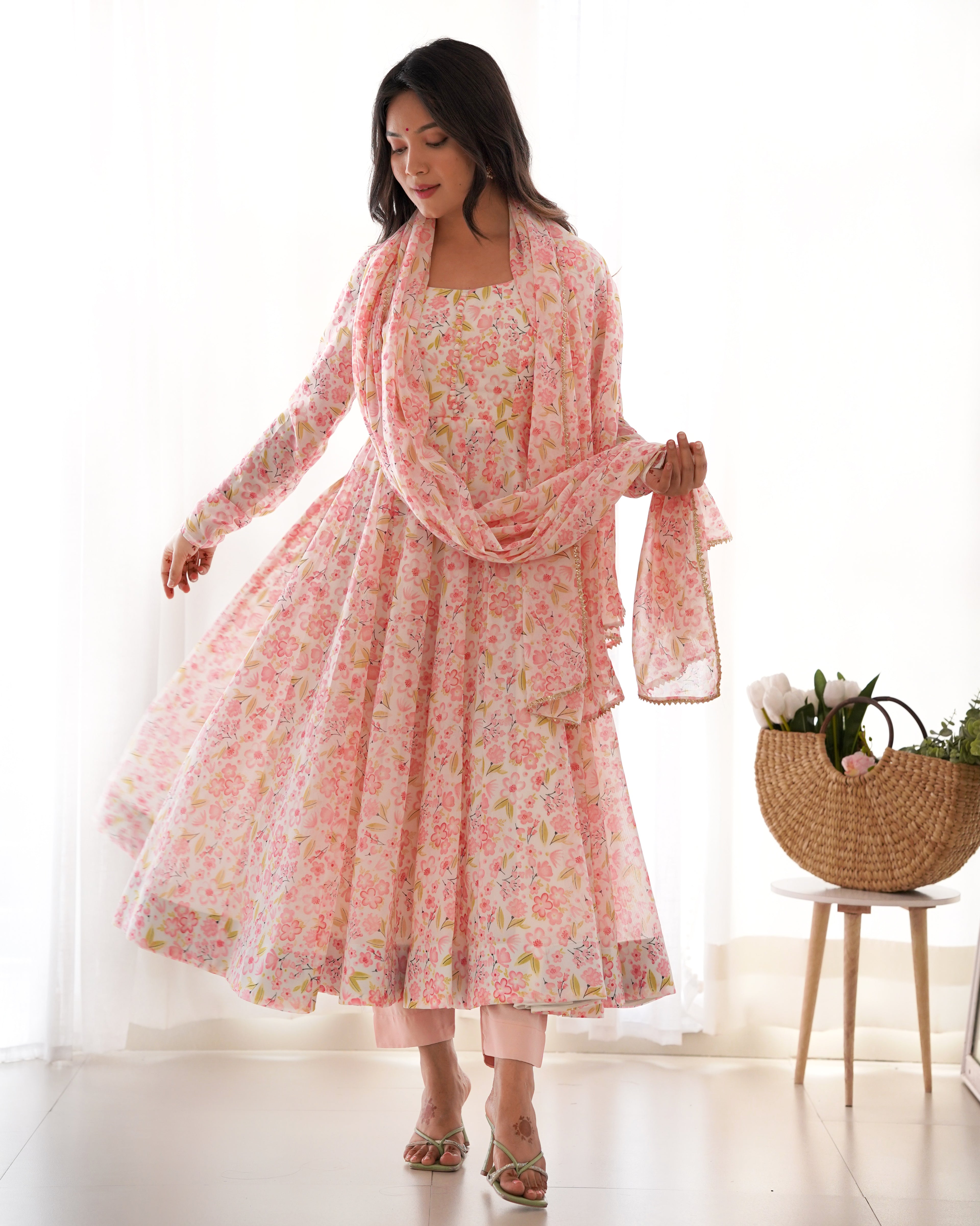 Heavy Chiffon Floral Print Fancy Neck Potli Button Design with Chudidar Sleeves Anarkali Set - Orange
