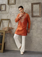 Royal Orange Crush Beads Work Kurta with White Bell Bottom Mens Wear
