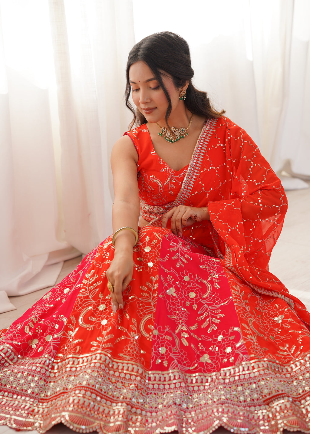 Festive Orange Faux Georgette Embroidery Lehenga Set For Women
