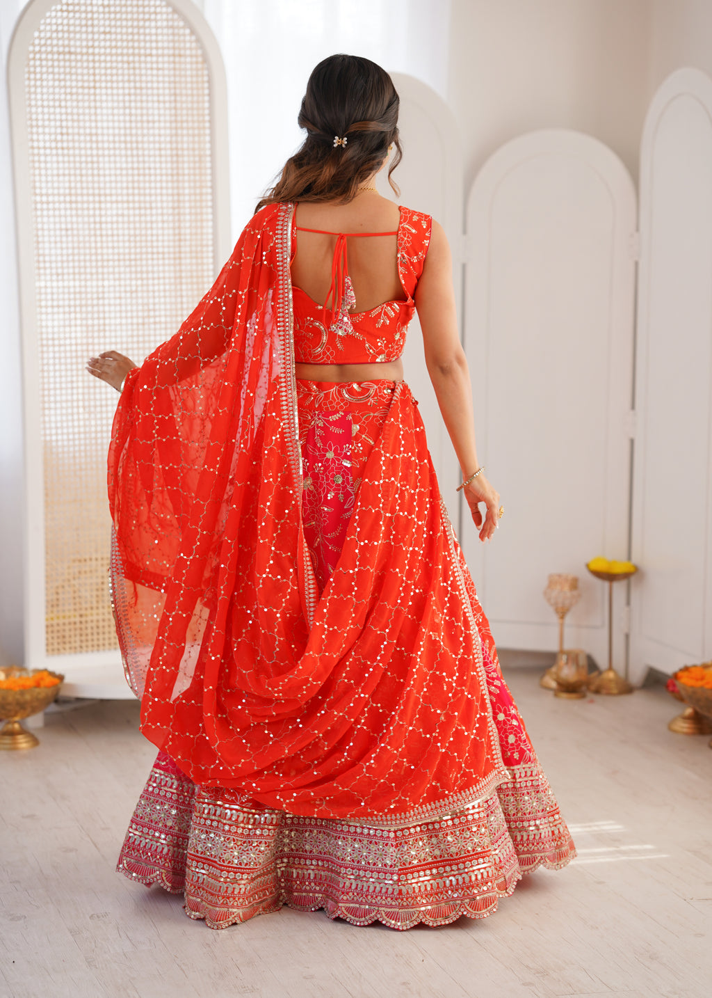 Festive Orange Faux Georgette Embroidery Lehenga Set For Women
